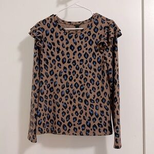 Ann Taylor Animal Print Ruffle Shoulder Top Long Sleeve Size Small Maple Tan